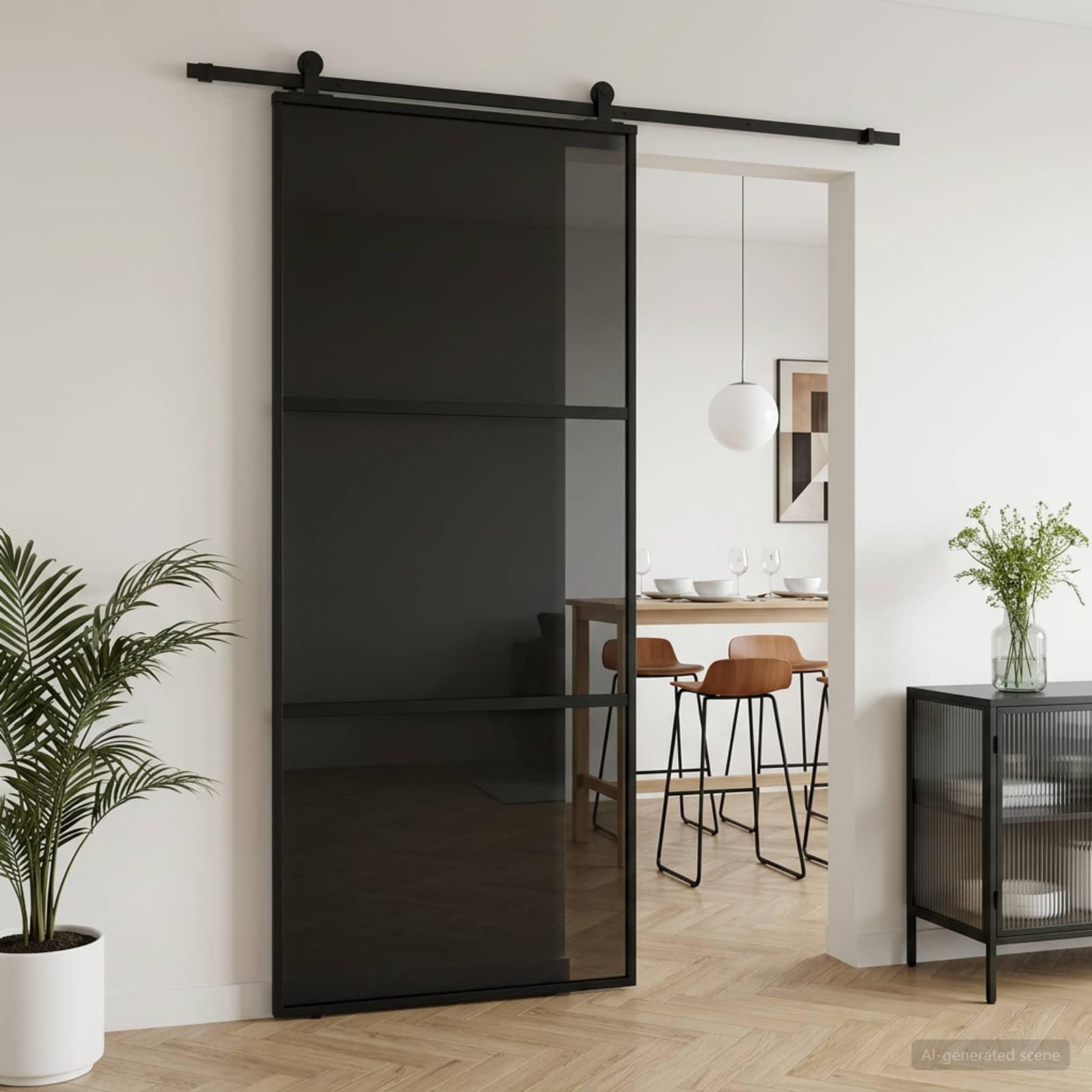Skydedør 90 x 205 cm i hærdet glas og aluminium - sort/mørk transparent