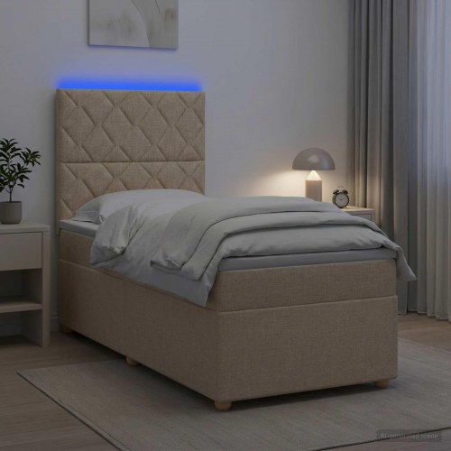 Enkeltseng med madras og topmadras 100 x 200 cm i creme stof med LED