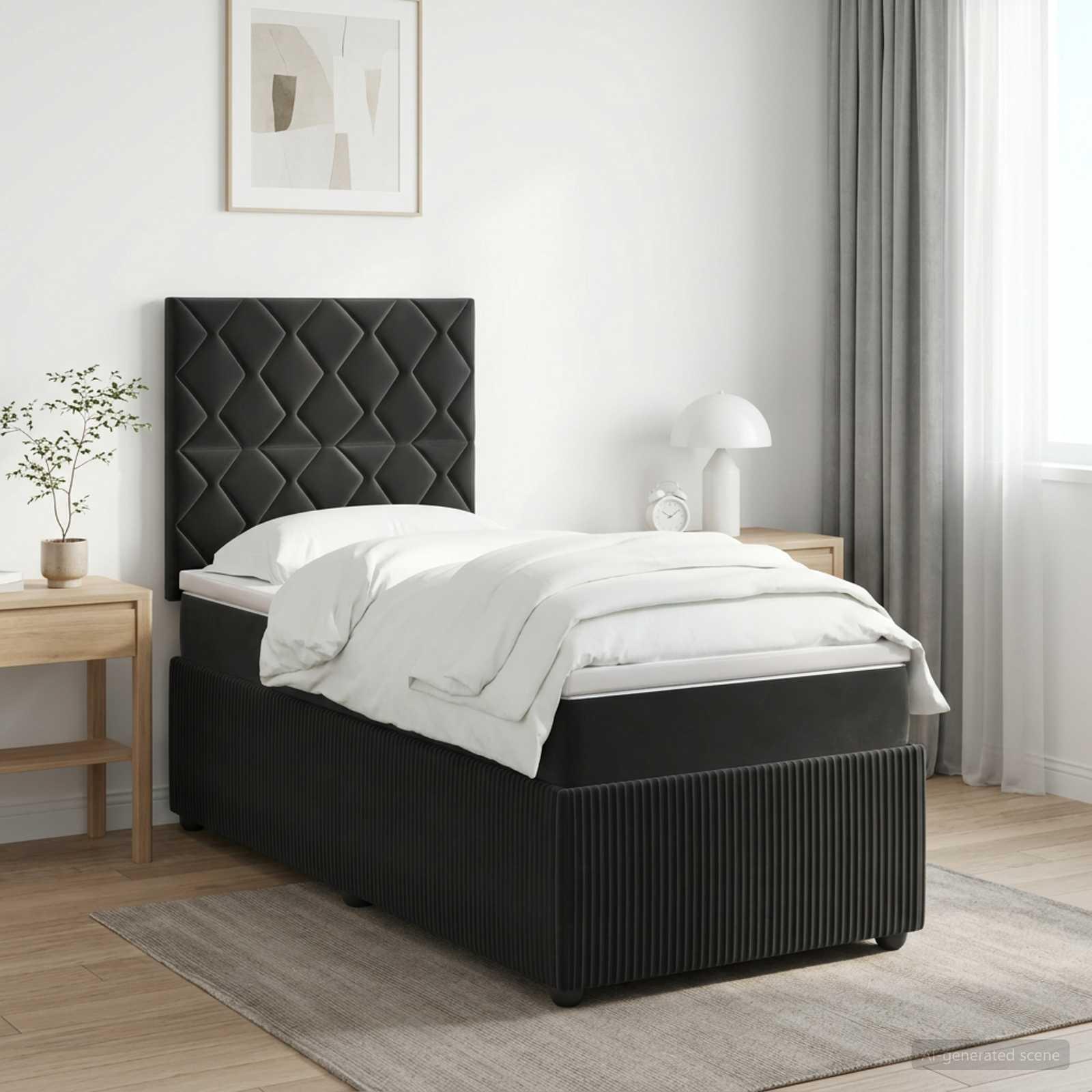 Seng med madras, topmadras og hovedgærde 100 x 200 cm i sort fløjl