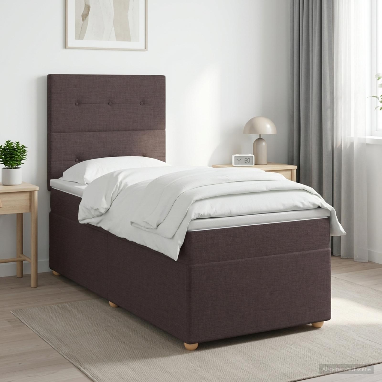 Boksmadras seng med topmadras 90 x 200 cm mørk brun stof
