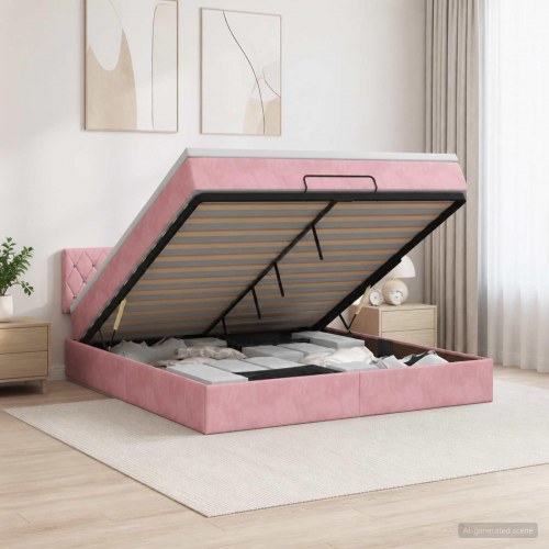 Ottoman seng med madras og LED 180 x 200 cm - lyserød velour