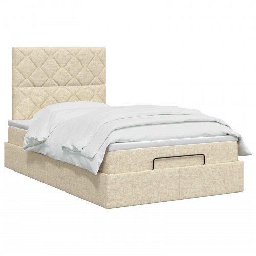 Ottoman seng med madras og LED 120 x 200 cm i cremefarvet stof