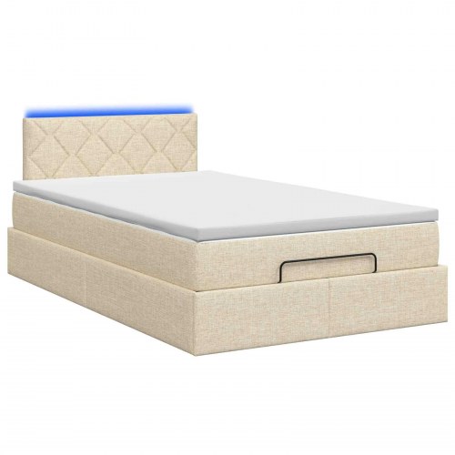 Ottoman seng med madras og LED 120 x 190 cm - cremefarvet stof