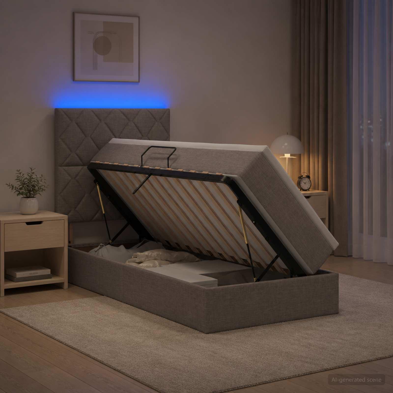 LED opbevaringsseng med madras 100 x 200 cm gråbrun stof