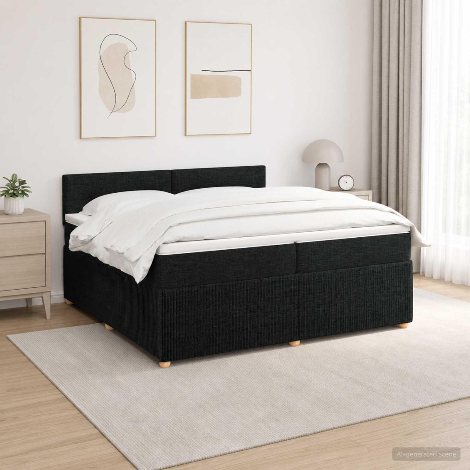 Kontinentalseng med topmadras og hovedgærde 200 x 200 cm sort stof