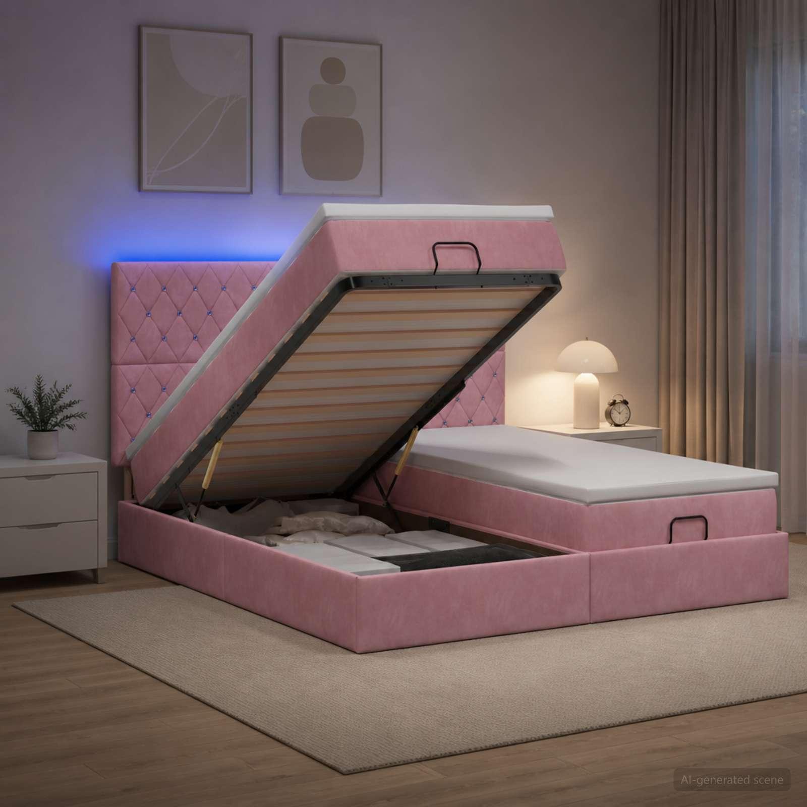 vidaXL Ottoman seng med madras og LED Lyserød 200 x 200 cm Velour