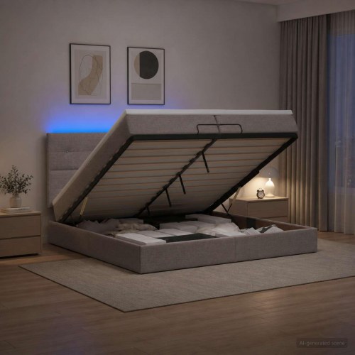 Ottoman seng med madras og LED 200 x 200 cm i stof - gråbrun