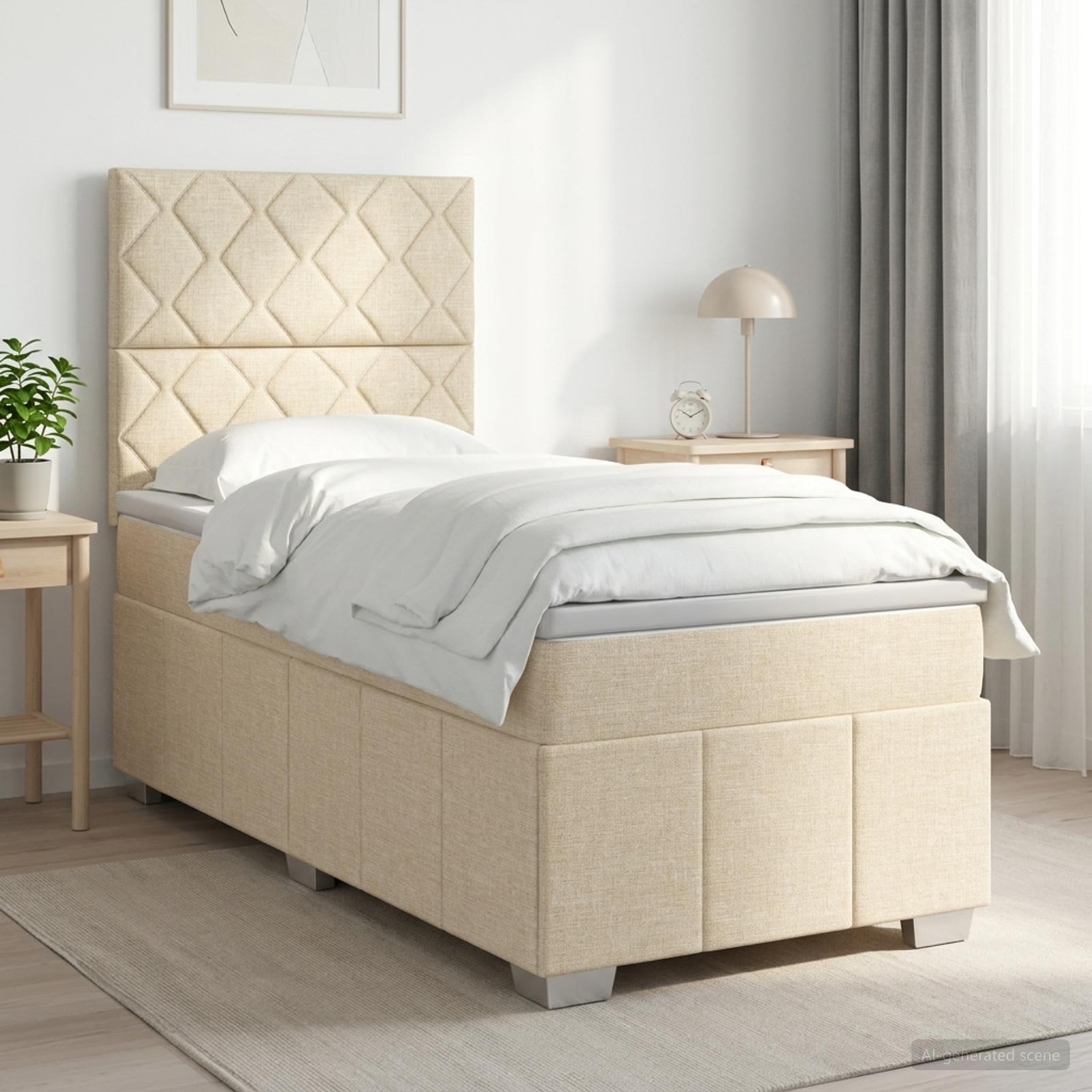 Boksmadras seng med topmadras 100 x 200 cm cremefarvet stof