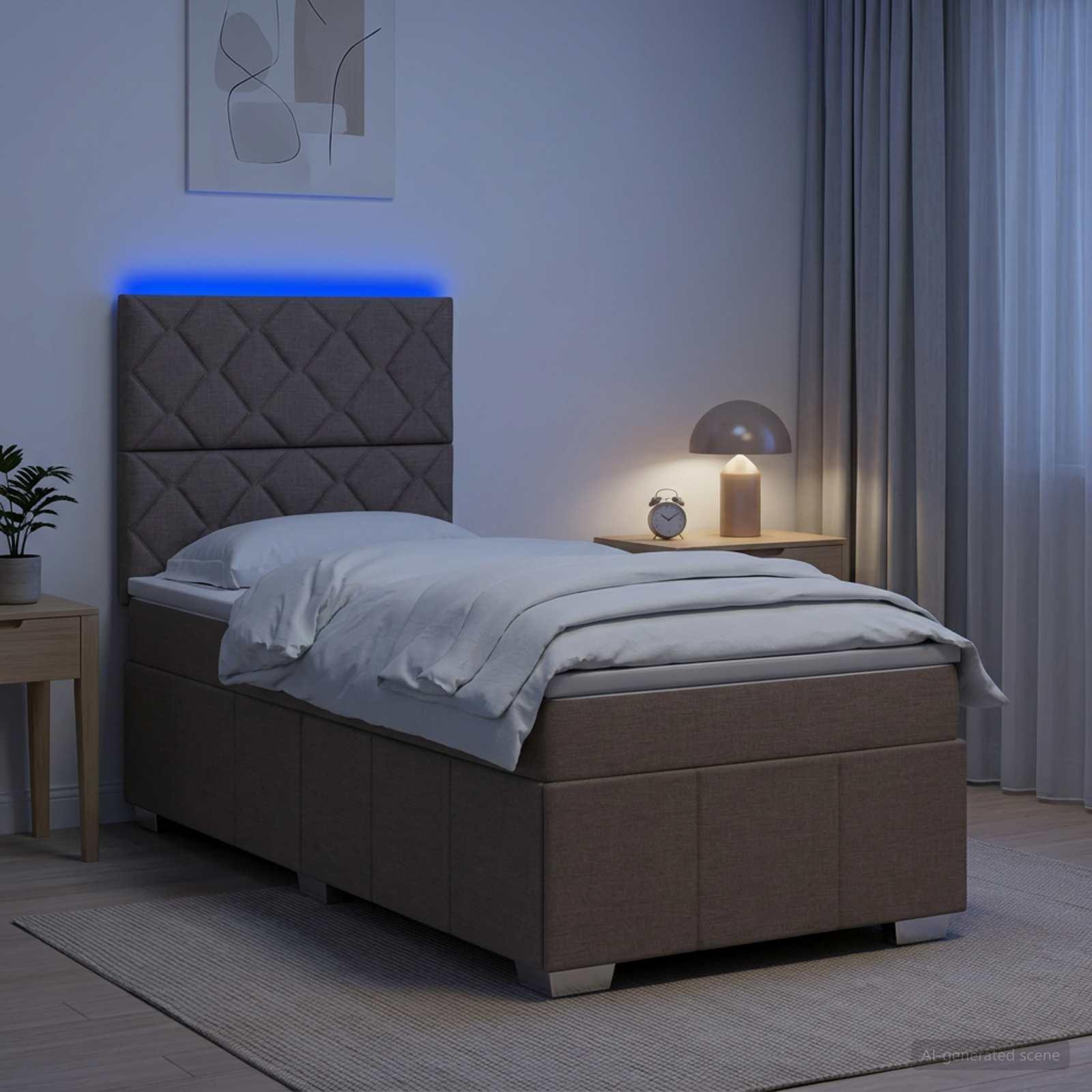 LED boksmadrasseng med madras 100 x 200 cm - gråbrun stof