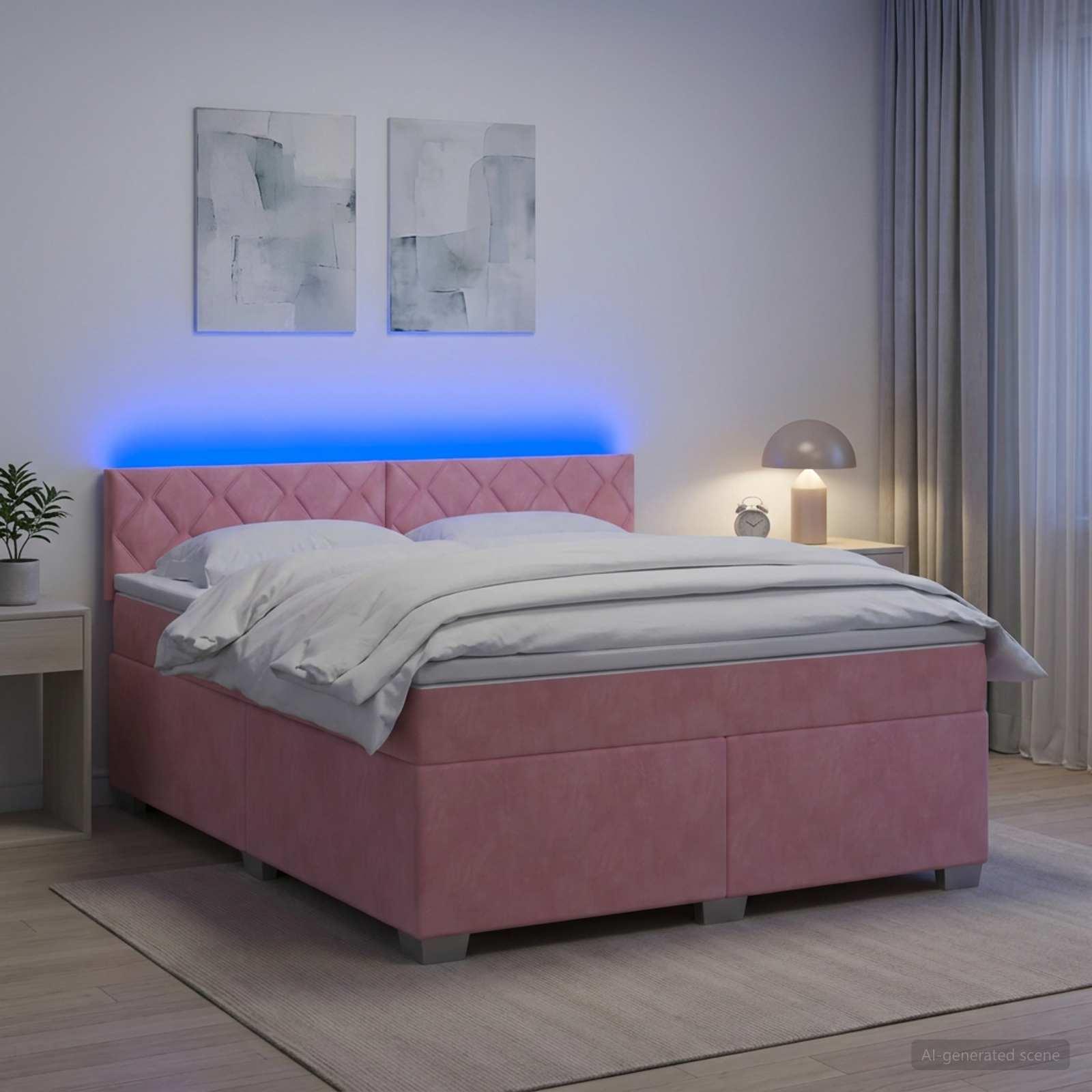 Kontinentalseng med madras og LED lyserød 160 x 200 cm velour