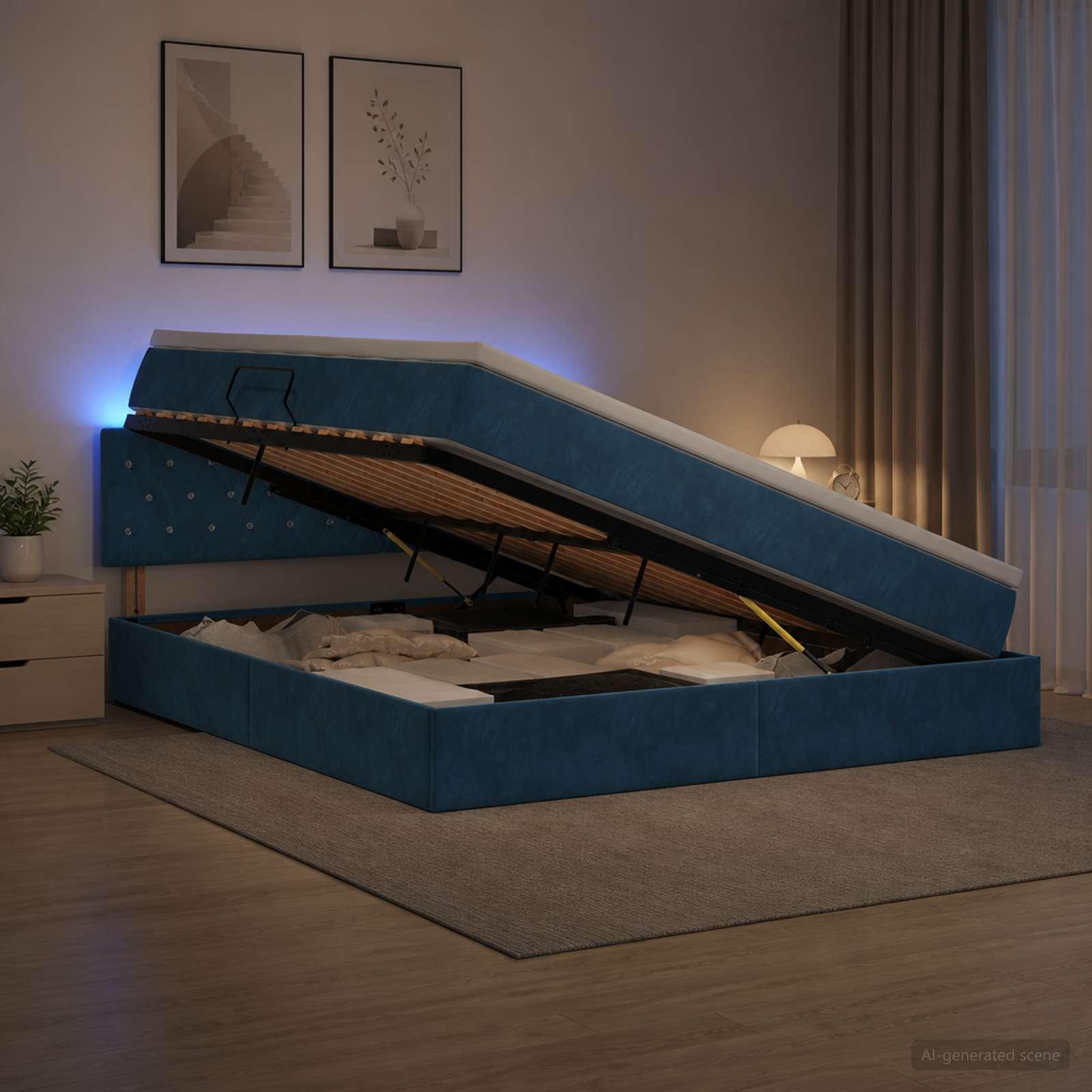 vidaXL LED opbevarings seng med madras Mørk blå 180 x 200 cm Fløjl
