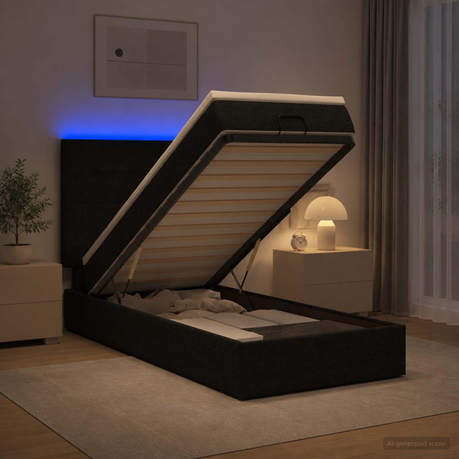 Ottoman seng med madras og LED 100 x 200 cm - sort stof