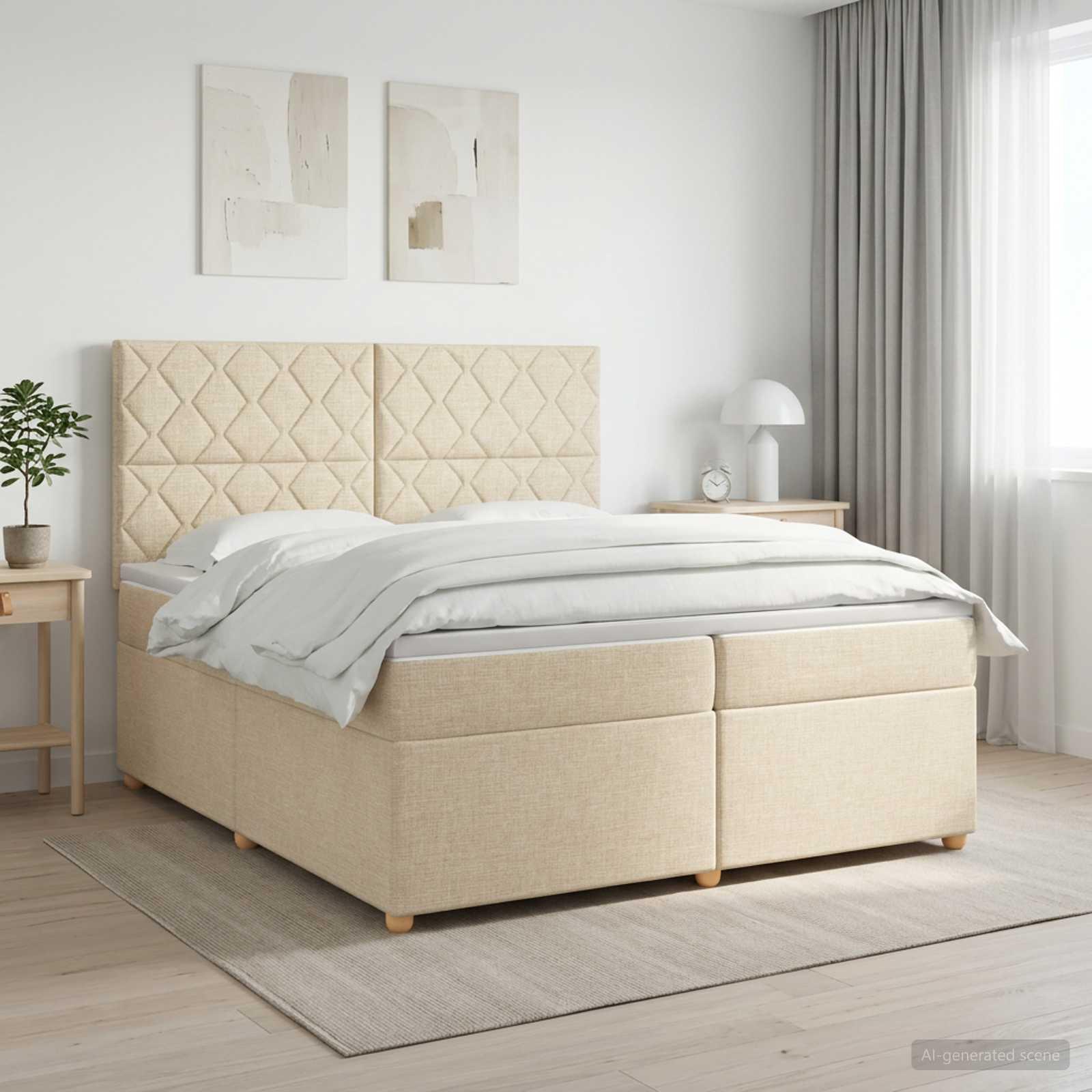 Kontinentalseng med topmadras 200 x 200 cm cremefarvet stof
