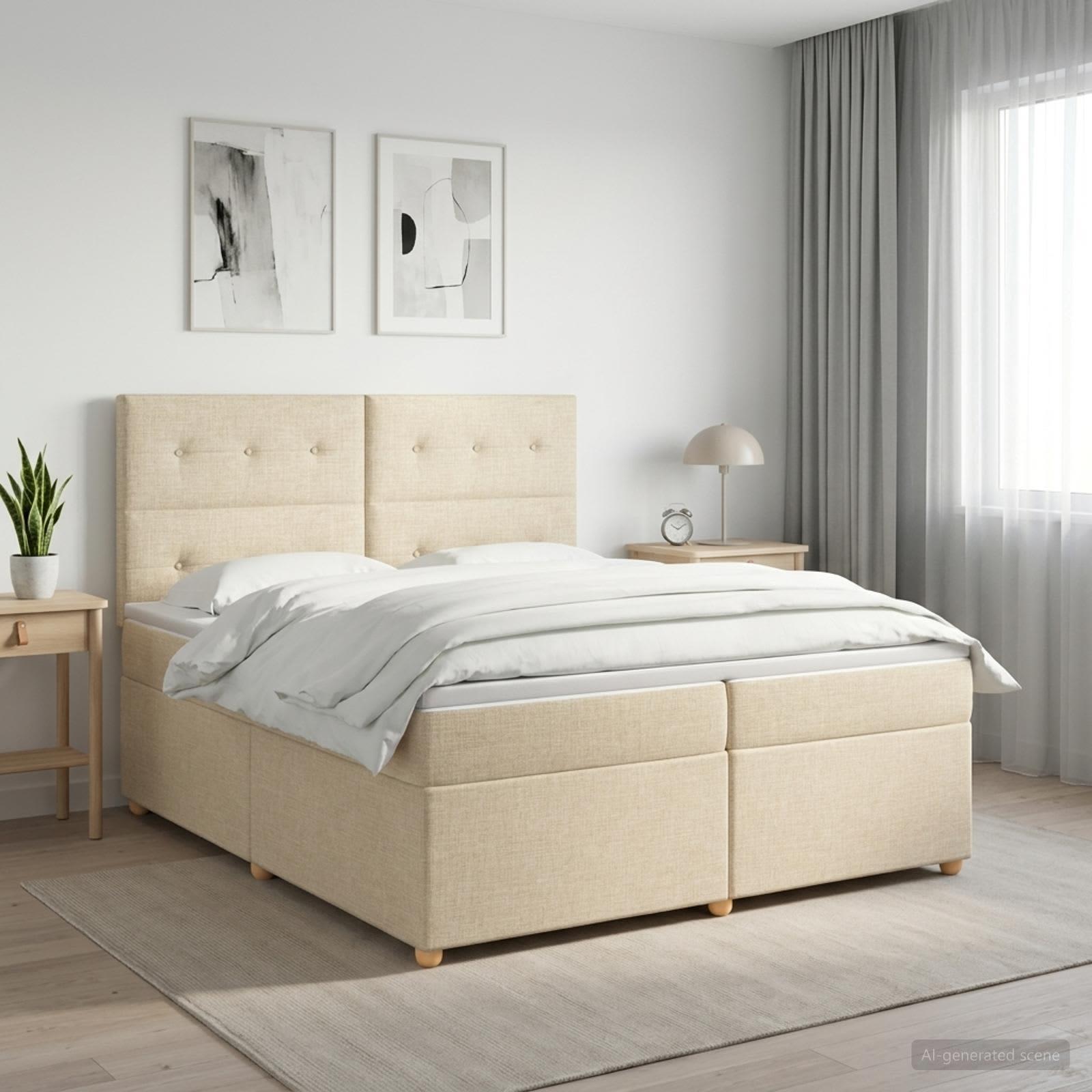Boksmadras seng med topmadras 200 x 200 cm cremefarvet stof
