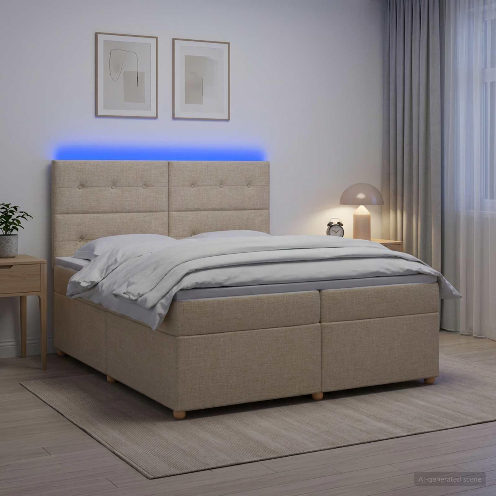 Seng med madras, topmadras og LED cremefarvet 200 x 200 cm