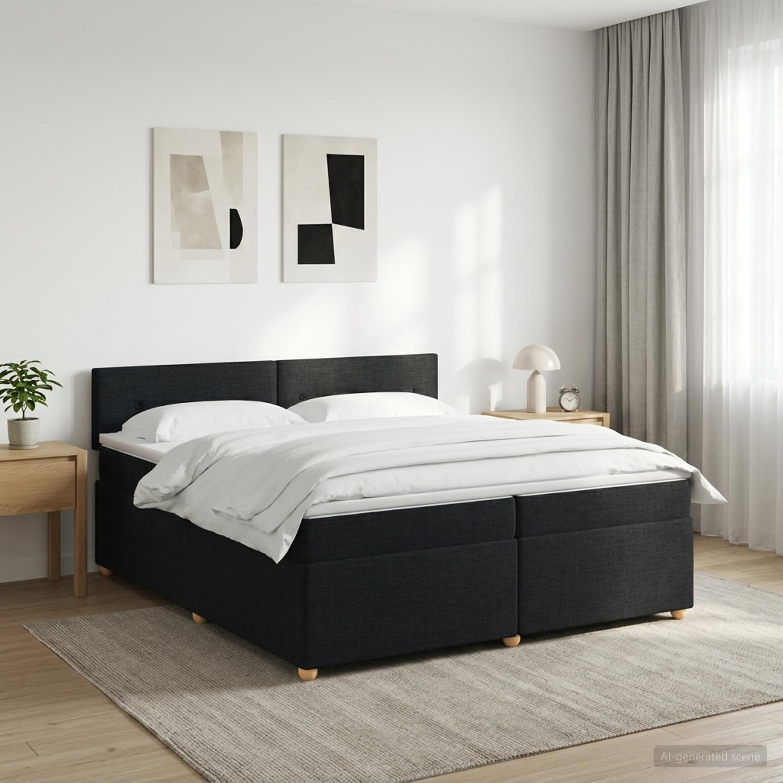 Kontinentalseng med topmadras og hovedgærde 200 x 200 cm sort stof