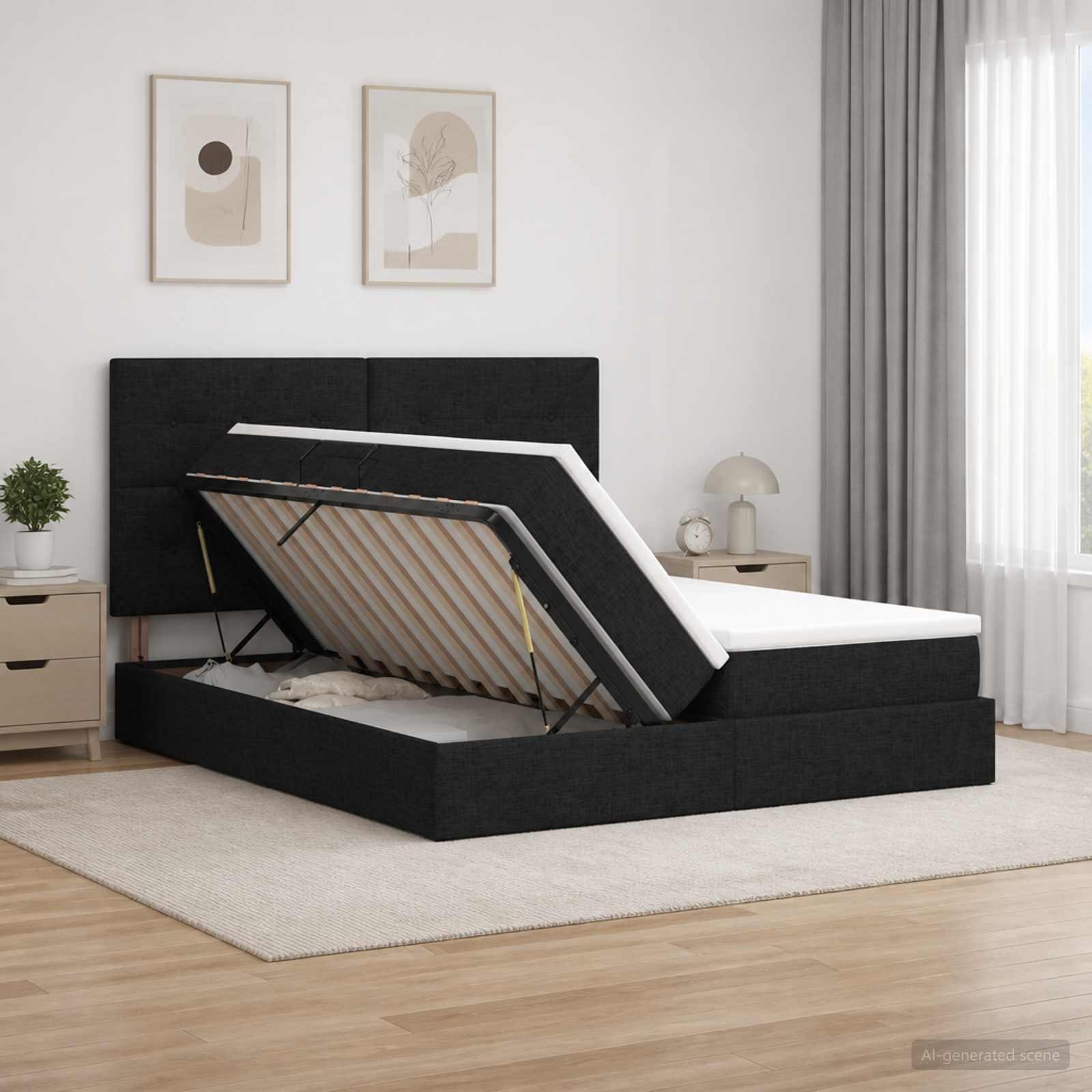 vidaXL LED opbevarings seng med madras Sort 200 x 200 cm Stof