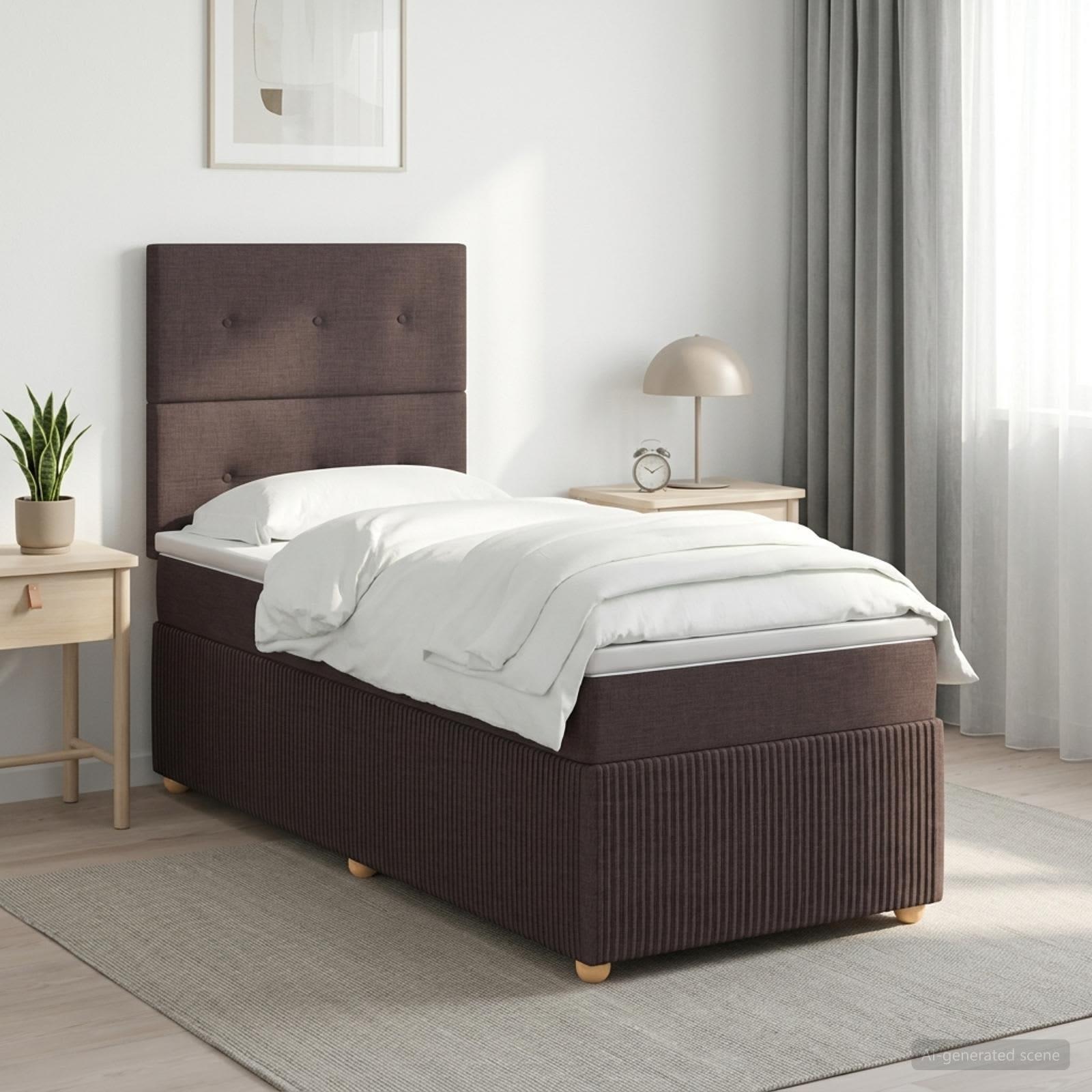 Boksmadras seng med topmadras 90 x 200 cm mørk brun stof
