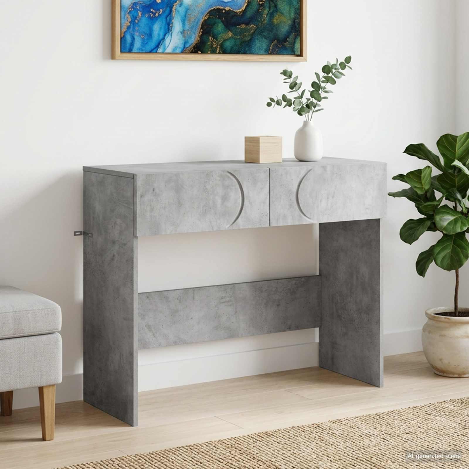 Konsolbord i betongrå med 2 skuffer 96,5 x 38 x 75 cm