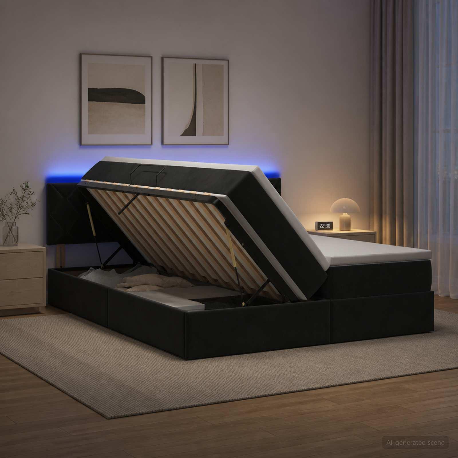 vidaXL LED opbevarings seng med madras Sort 200 x 200 cm Fløjl