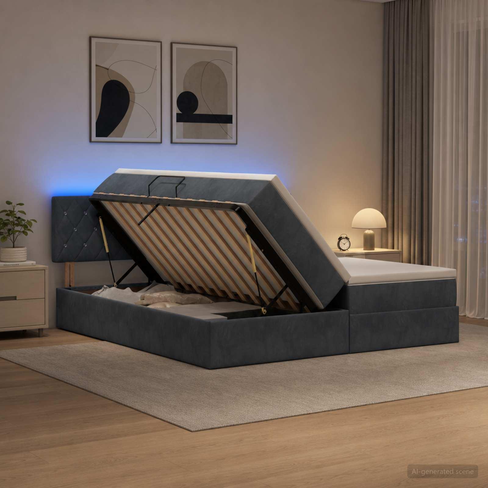 vidaXL LED opbevarings seng med madras Mørkegrå 200 x 200 cm Fløjl
