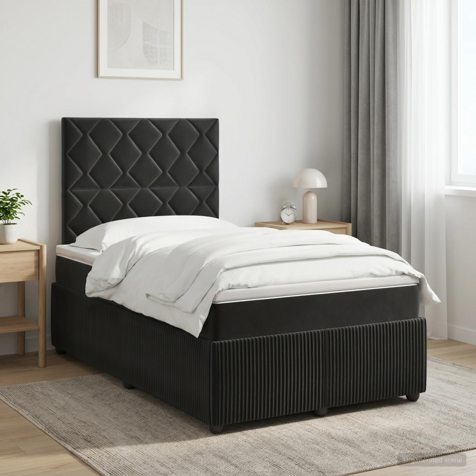 Kontinentalseng med madras, topmadras og hovedgærde 120 x 190 cm sort fløjl