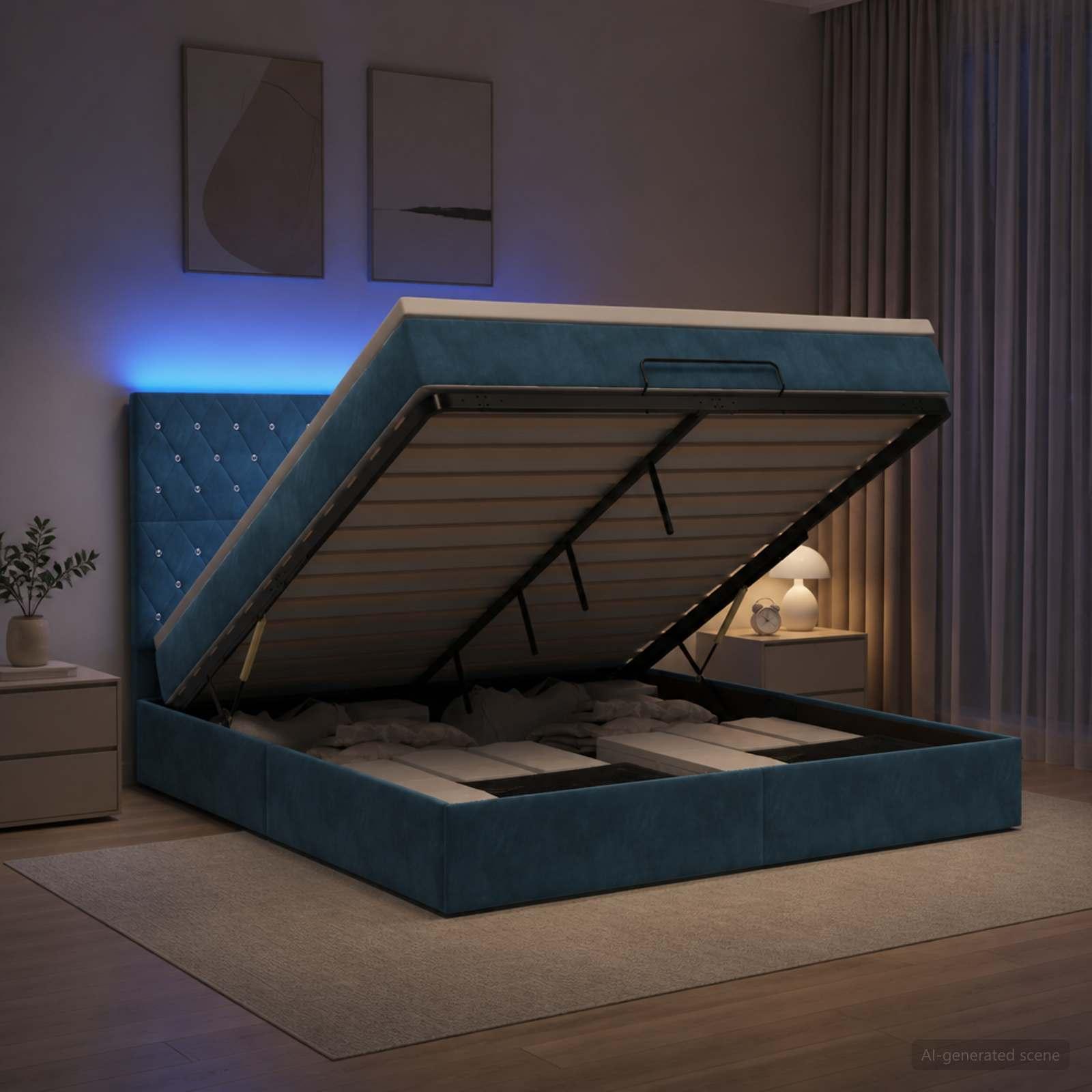 Ottoman seng med madras og LED 180 x 200 cm i mørkeblå fløjl
