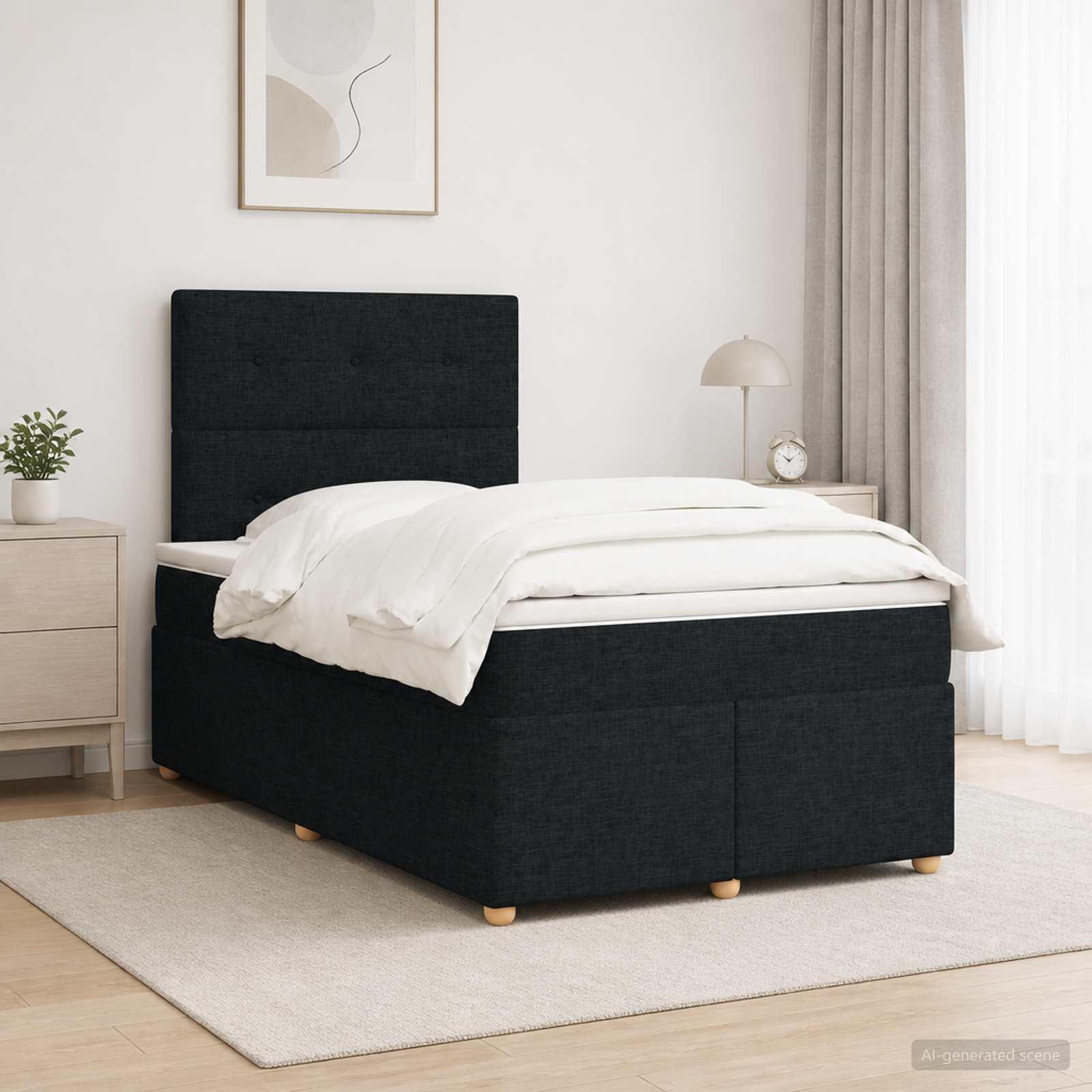 Boksmadras seng med topmadras og hovedgærde 120 x 190 cm sort stof