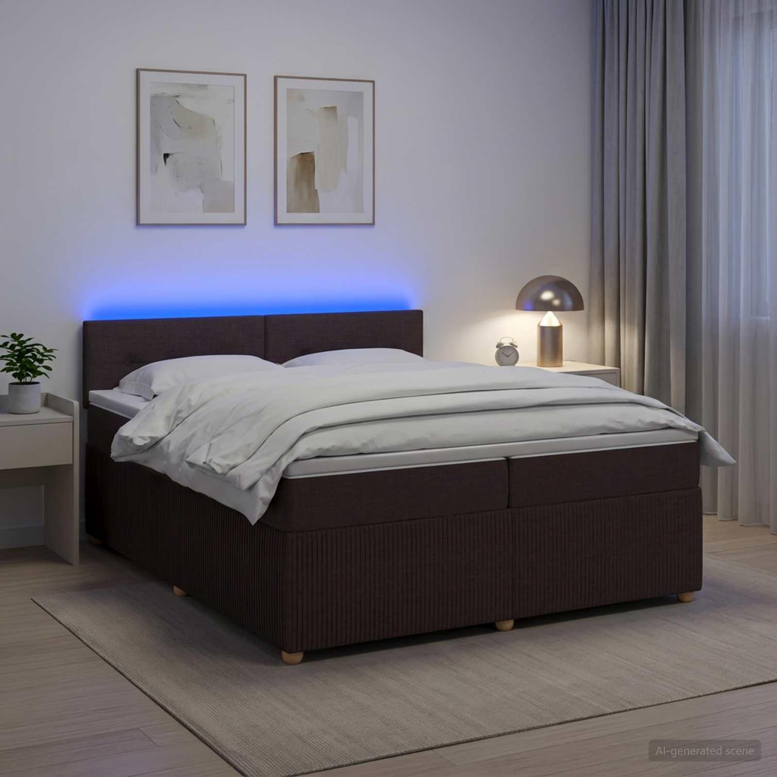 Boksmadras seng med topmadras 200 x 200 cm mørk brun med LED og justerbar gavl