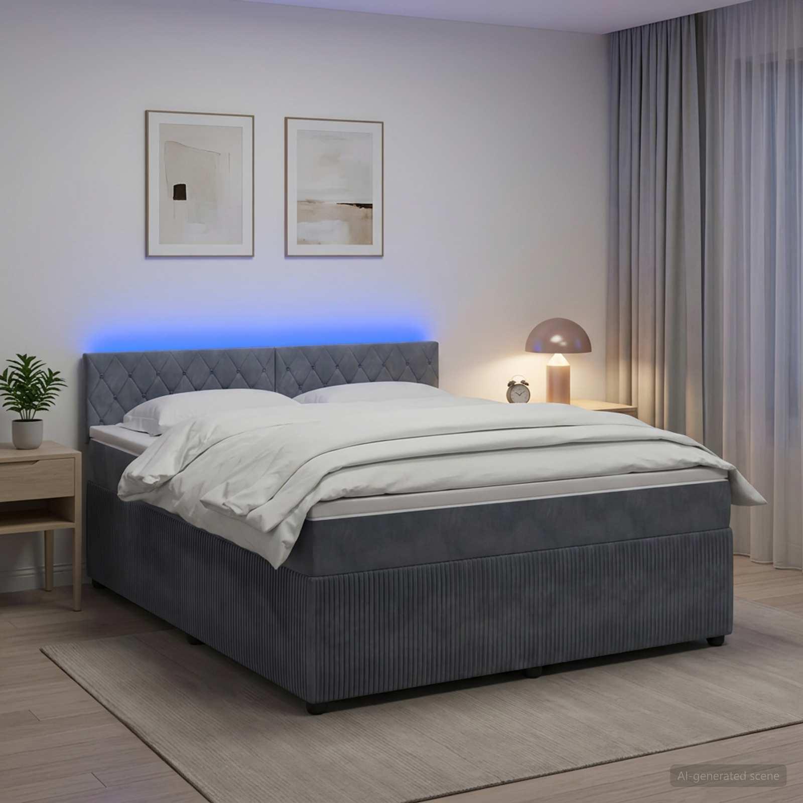 Kontinentalseng med madras og topmadras 140 x 200 cm i mørkegrå fløjl med LED