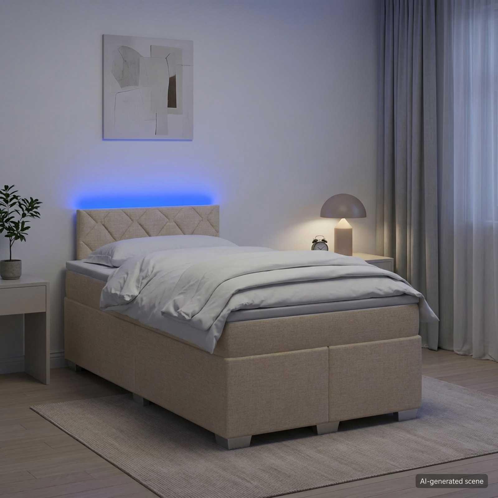 Kontinentalseng med madras og LED-lys 120 x 200 cm i creme stof