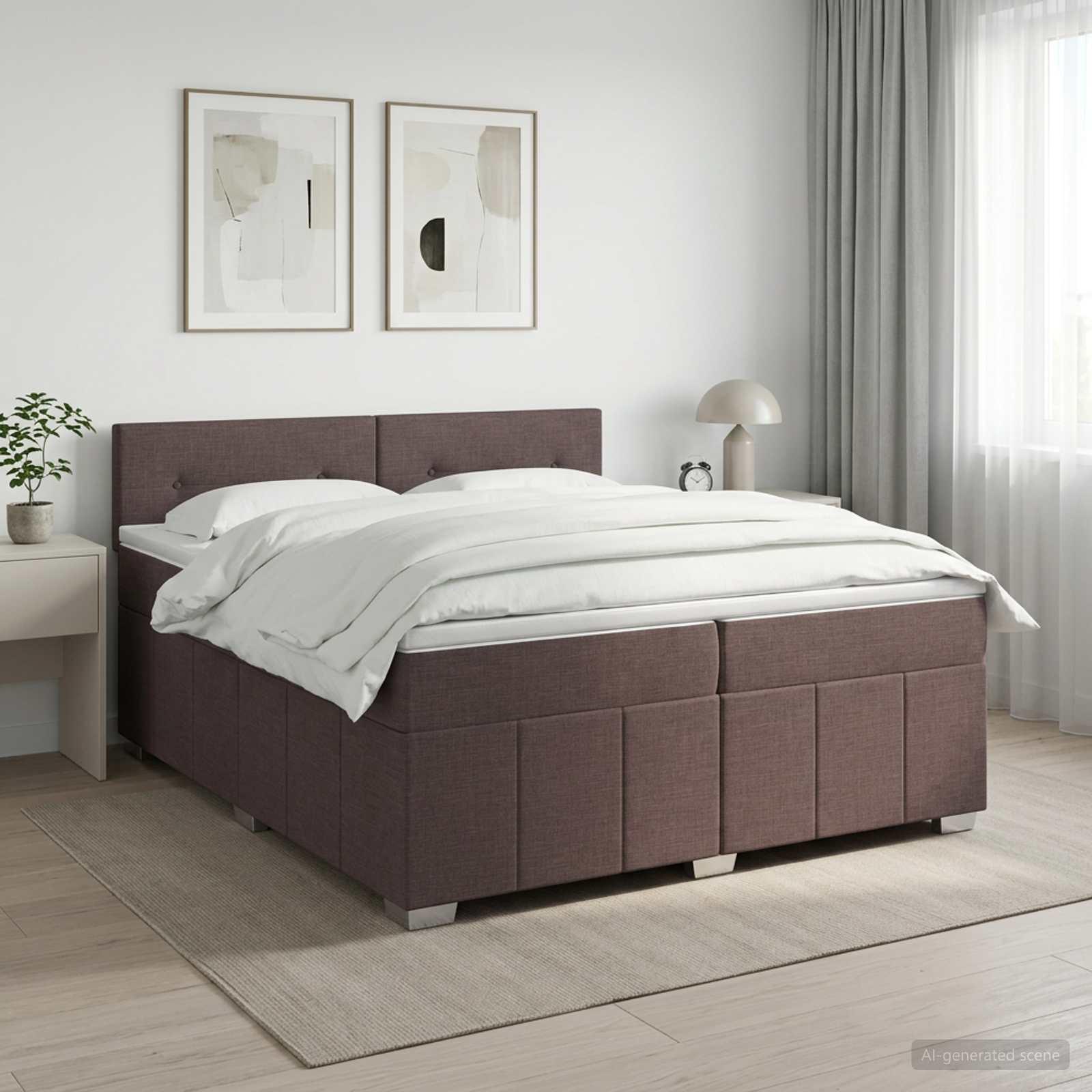 Kontinentalseng med madras og topmadras 200 x 200 cm - mørk brun stof
