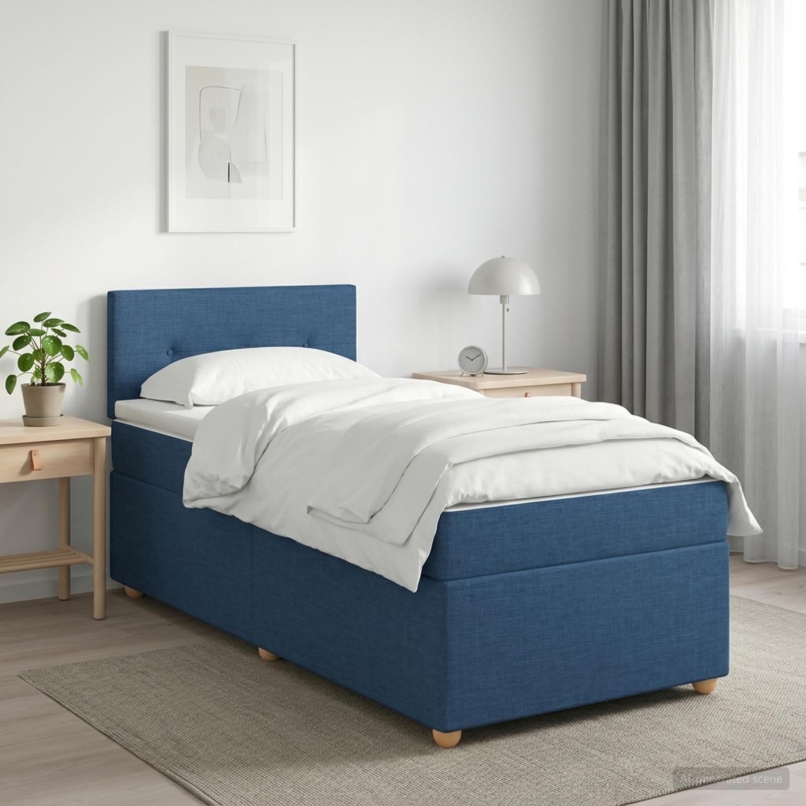 Seng med madras, topmadras og hovedgærde 100 x 200 cm - blå stof