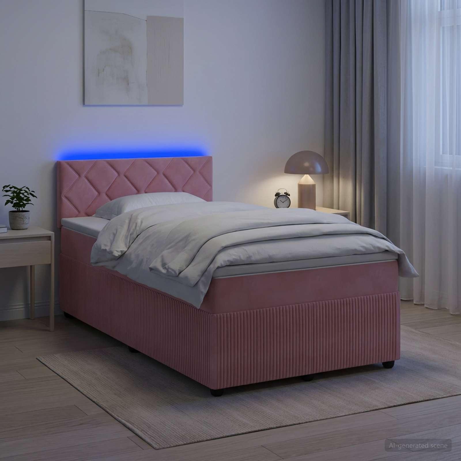 Boksmadras seng med topmadras og LED lyserød 120 x 190 cm fløjl