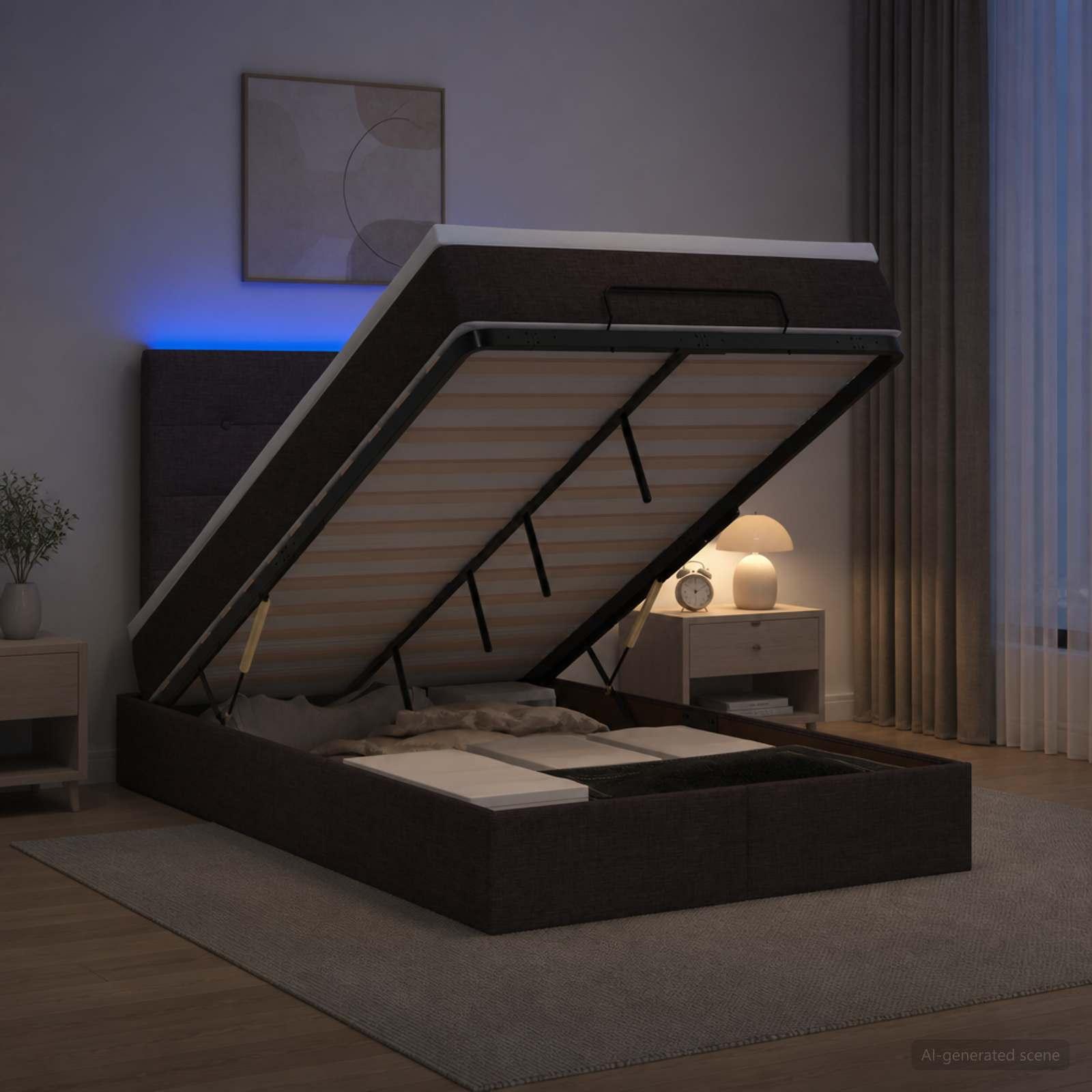 Ottoman seng med madras og LED lys 120 x 190 cm i mørk brun stof