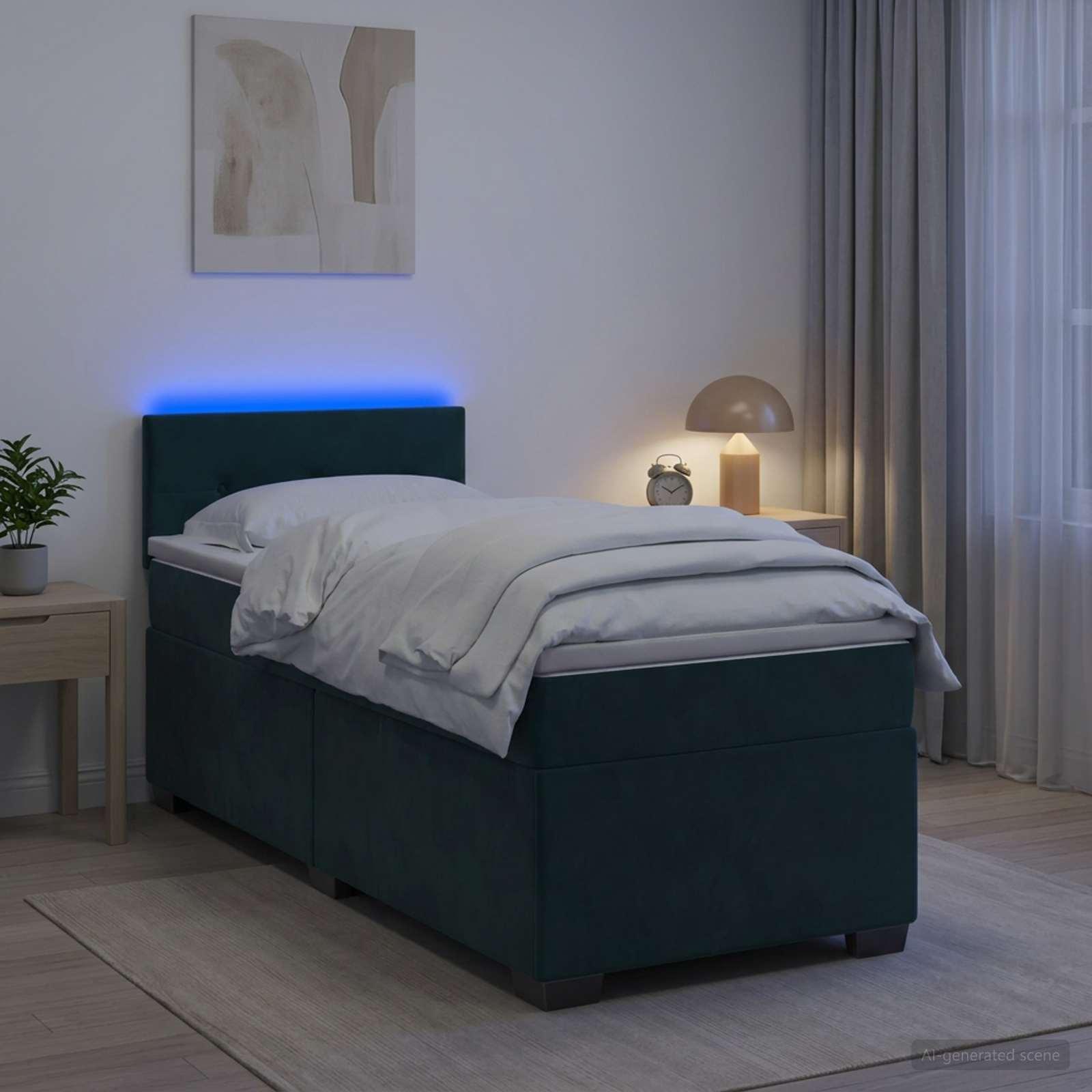 vidaXL Box Spring Seng med Madras og LED Mørkegrøn 100 x 200 cm Velour
