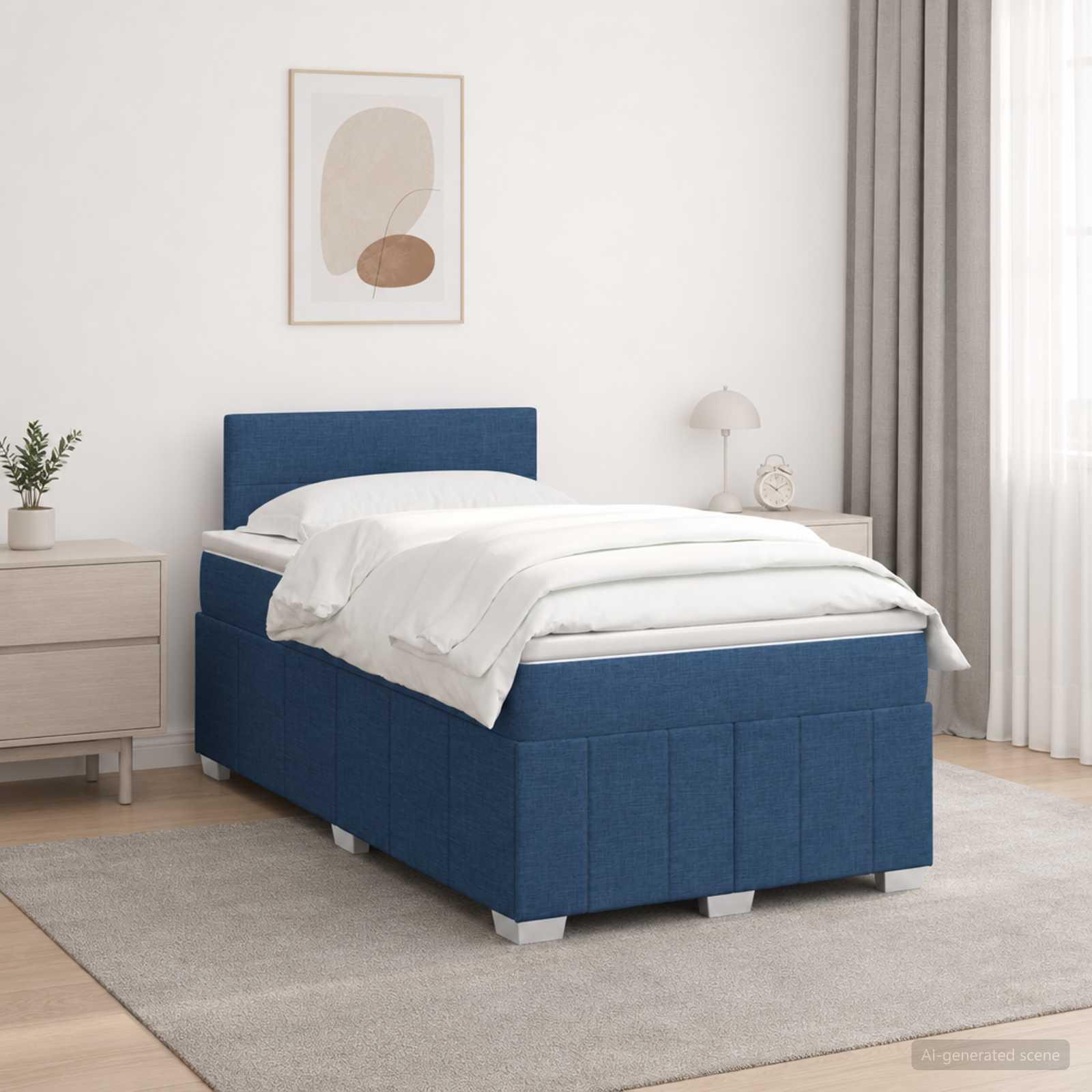 Kontinentalseng med topmadras og hovedgærde 120 x 190 cm - blå stof