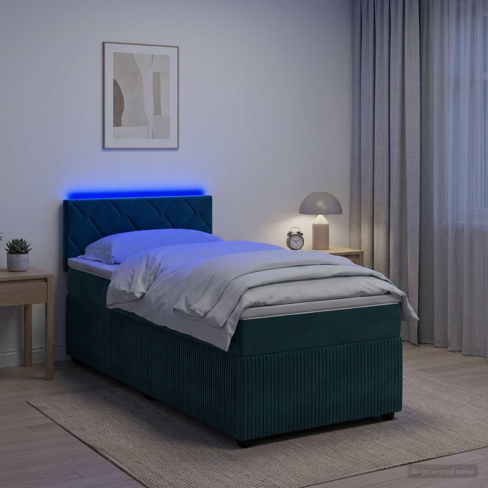 Boksmadras med topmadras og LED mørkegrøn 80 x 200 cm fløjl