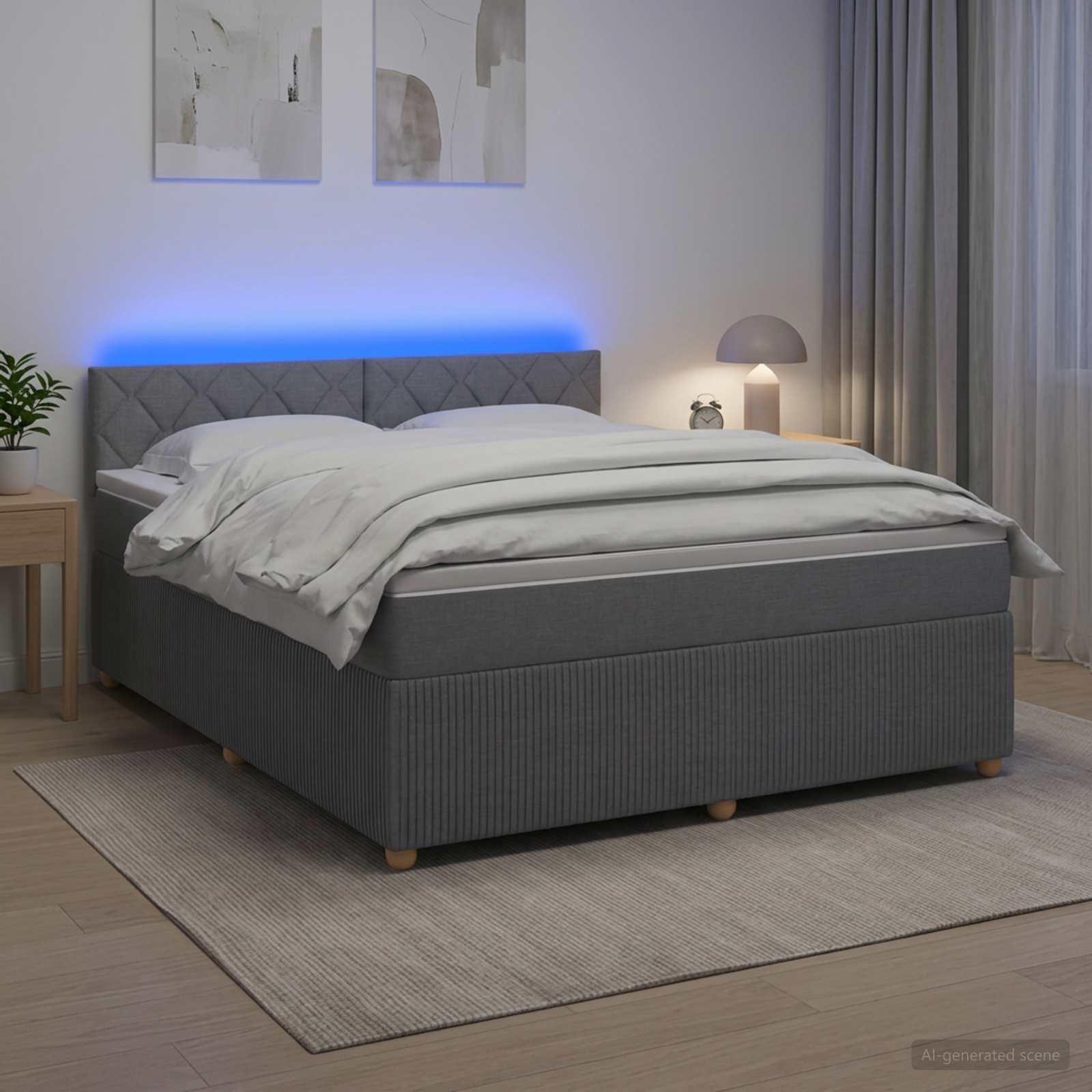 Boksmadras seng med topmadras og LED lysegrå 160 x 200 cm