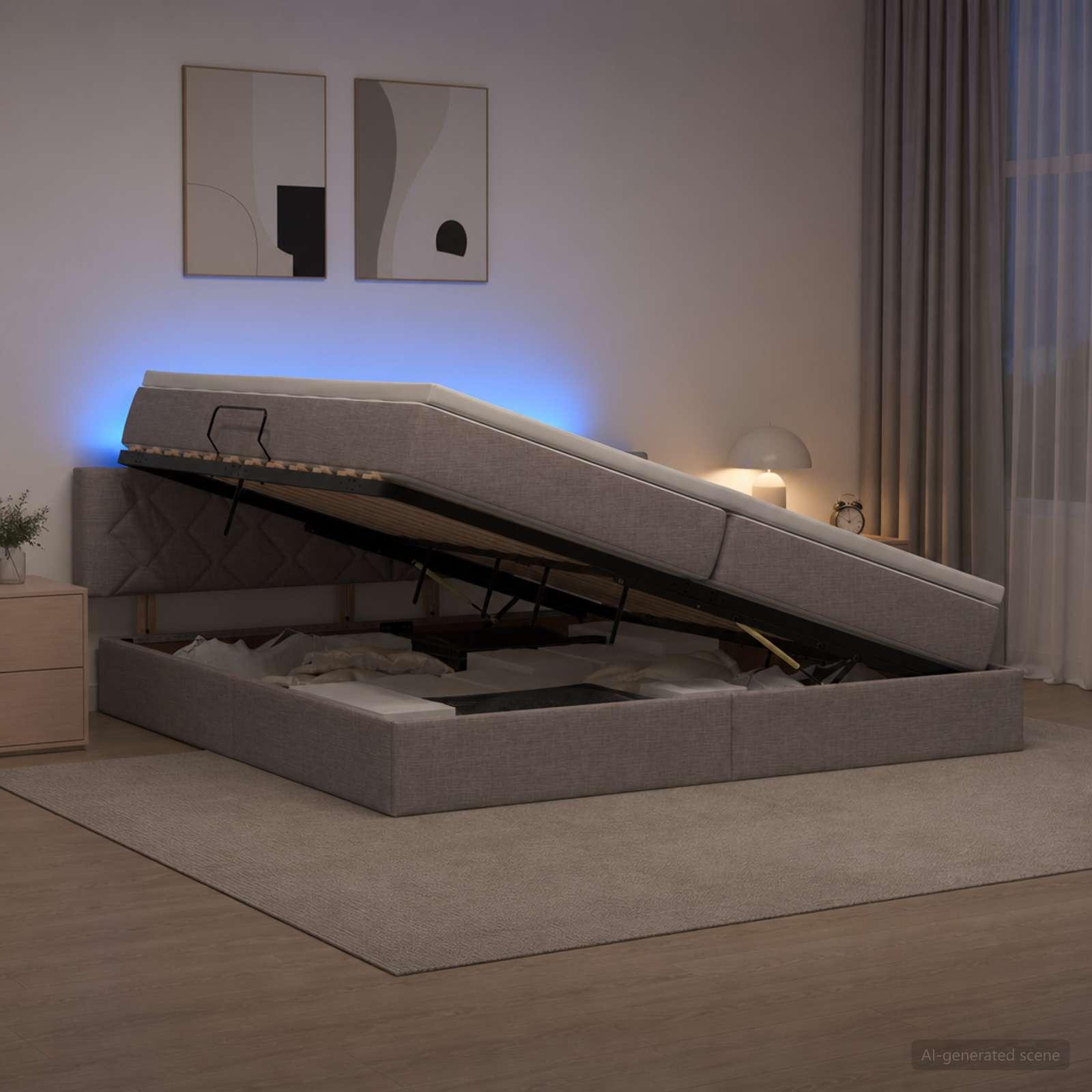 vidaXL LED opbevarings seng med madras Gråbrun 200 x 200 cm Stof