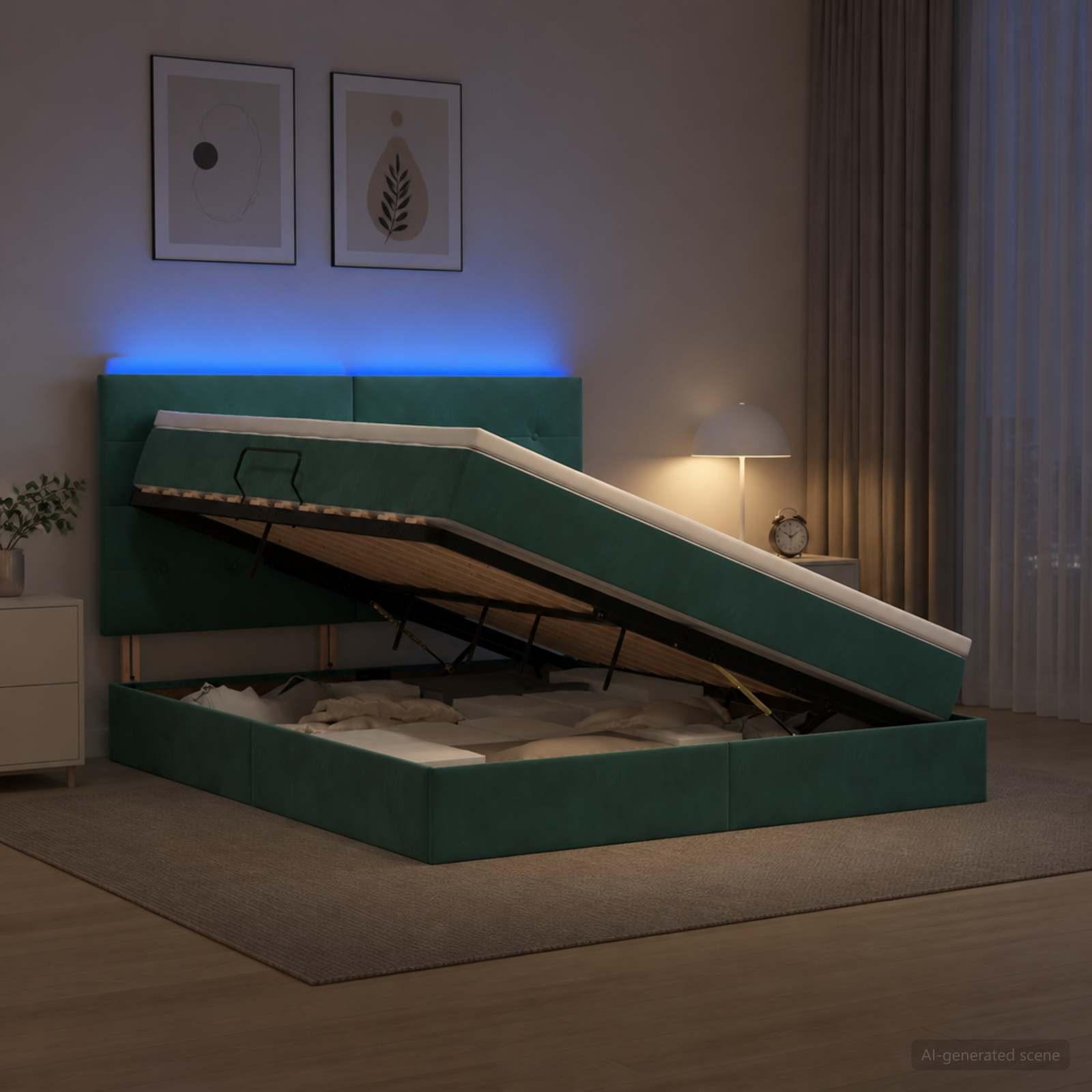 vidaXL LED opbevarings seng med madras Mørkegrøn 160 x 200 cm Fløjl