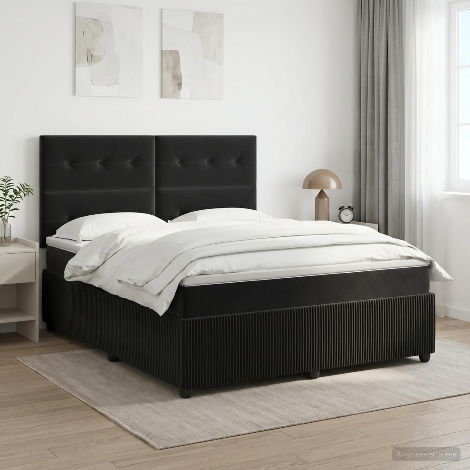 Kontinentalseng med madras, topmadras og hovedgærde 160 x 200 cm - sort fløjl