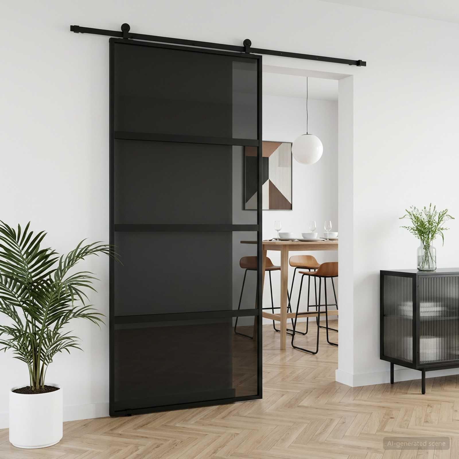 Skydedør i hærdet glas og aluminium 102,5 x 205 cm - sort/mørk transparent