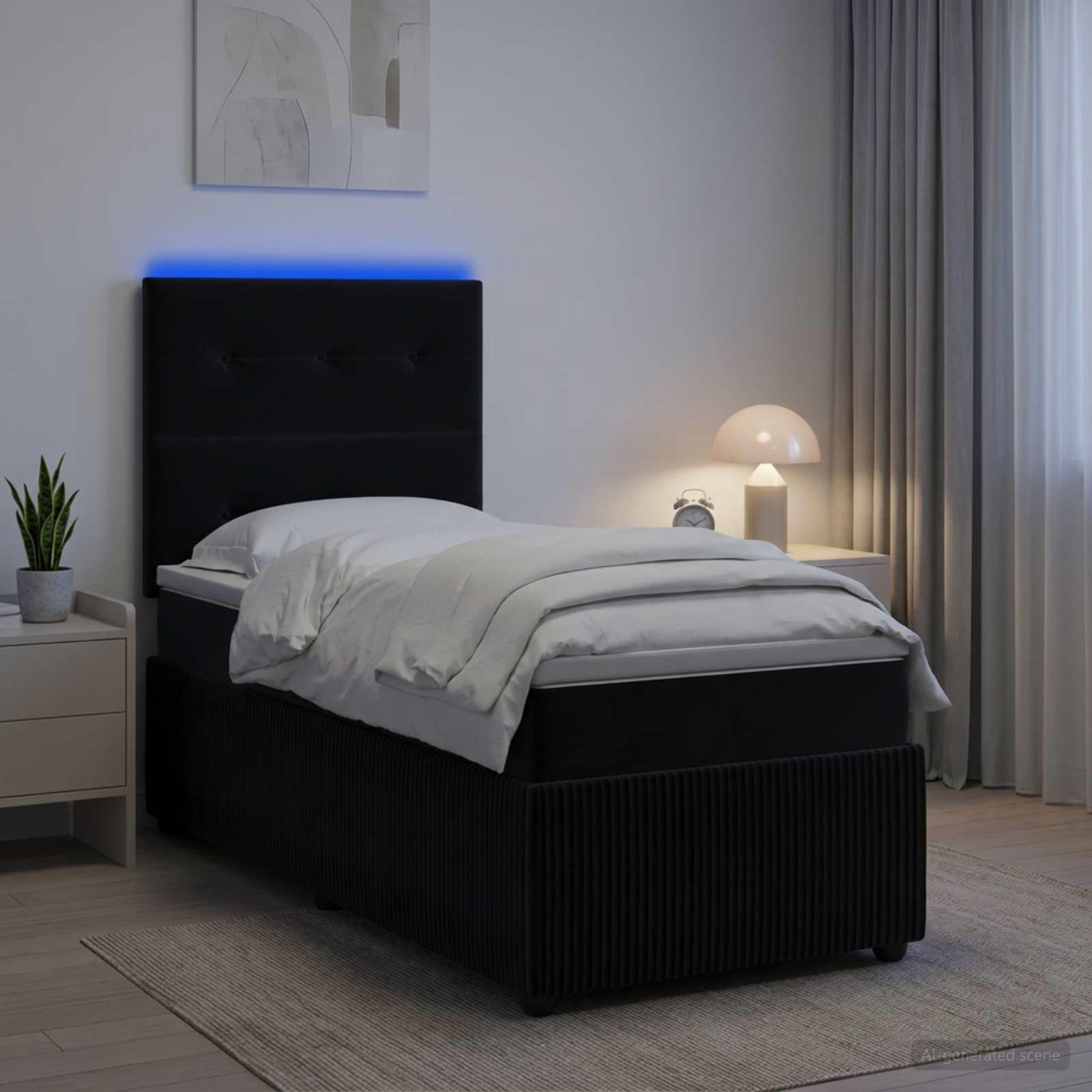 LED boksmadrasseng med opbevaring og madras 80 x 200 cm - sort fløjl
