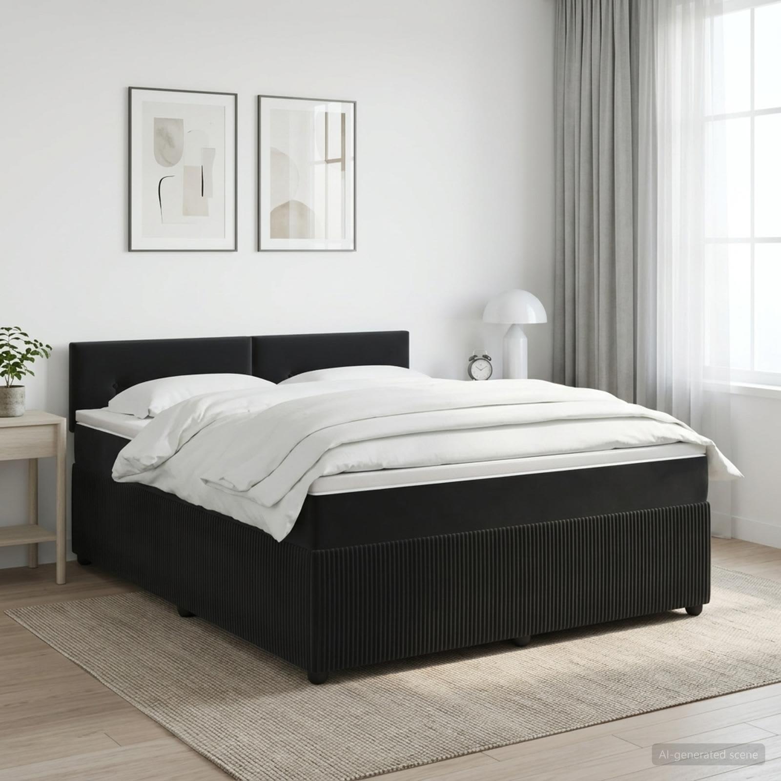 Boksmadrasseng med topmadras og justerbart hovedgærde 160 x 200 cm - sort fløjl