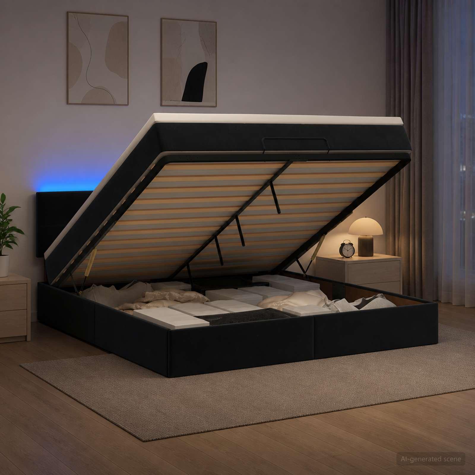 Ottoman seng med madras og LED i sort velour 160 x 200 cm