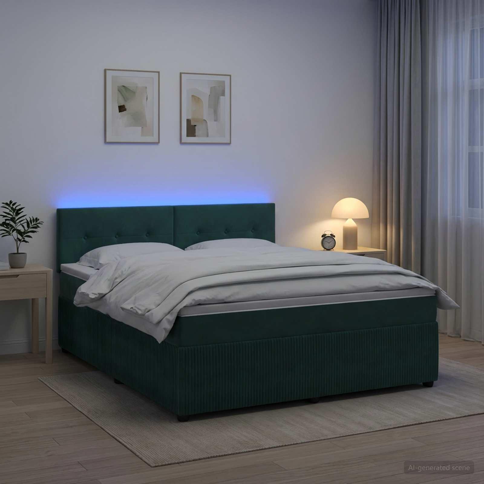 Boksmadras seng med topmadras 160 x 200 cm i mørkegrøn fløjl med LED