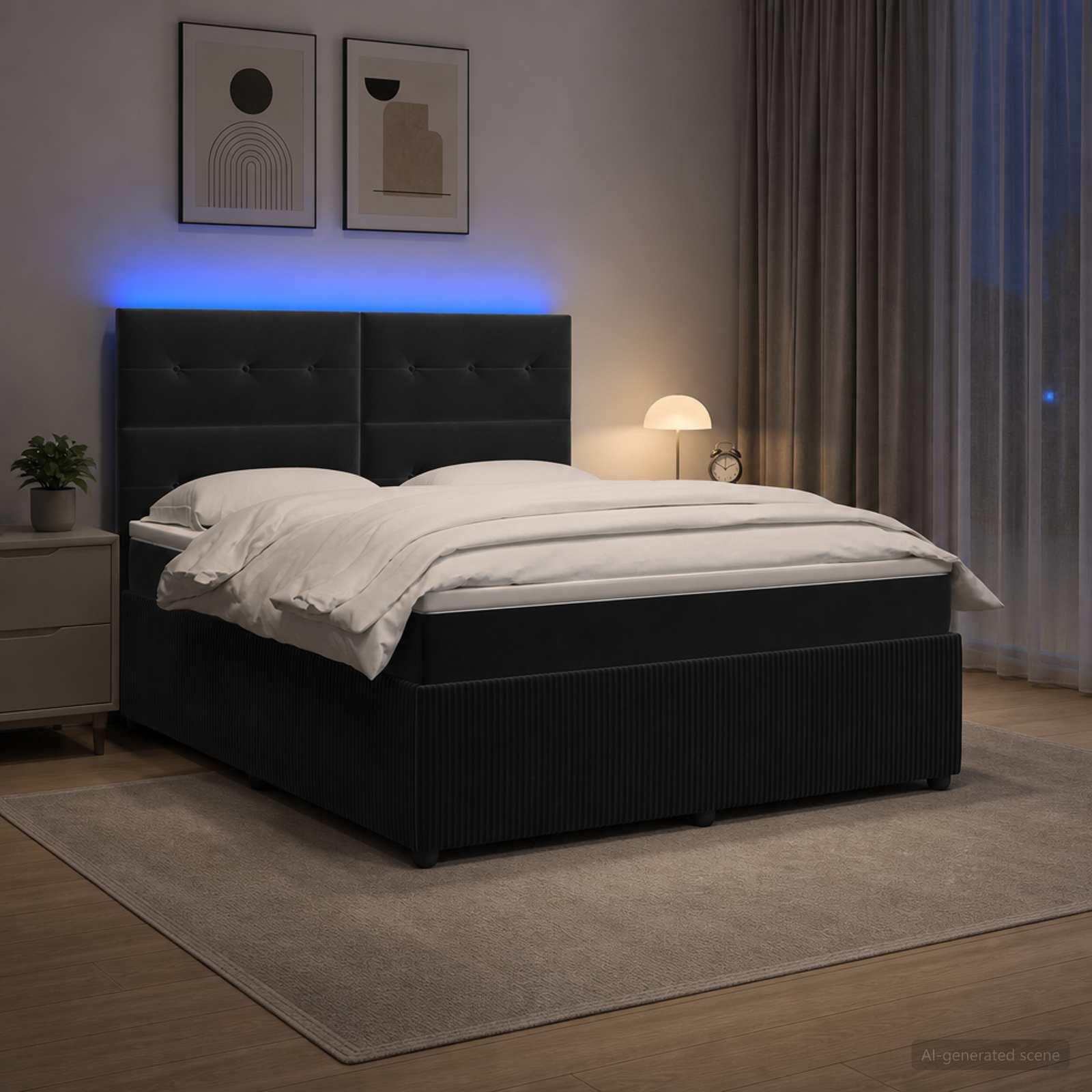 LED boksmadrasseng med madras 160 x 200 cm i sort fløjl