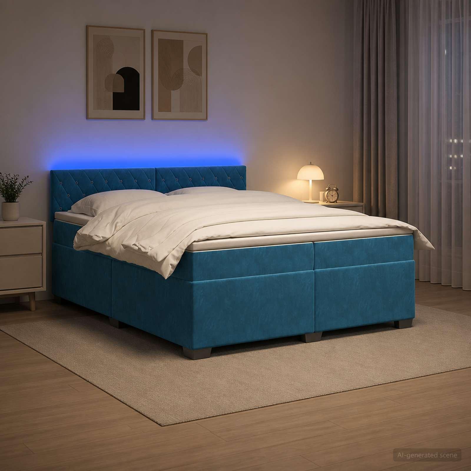 Kontinentalseng med madras og LED blå 200 x 200 cm i velour