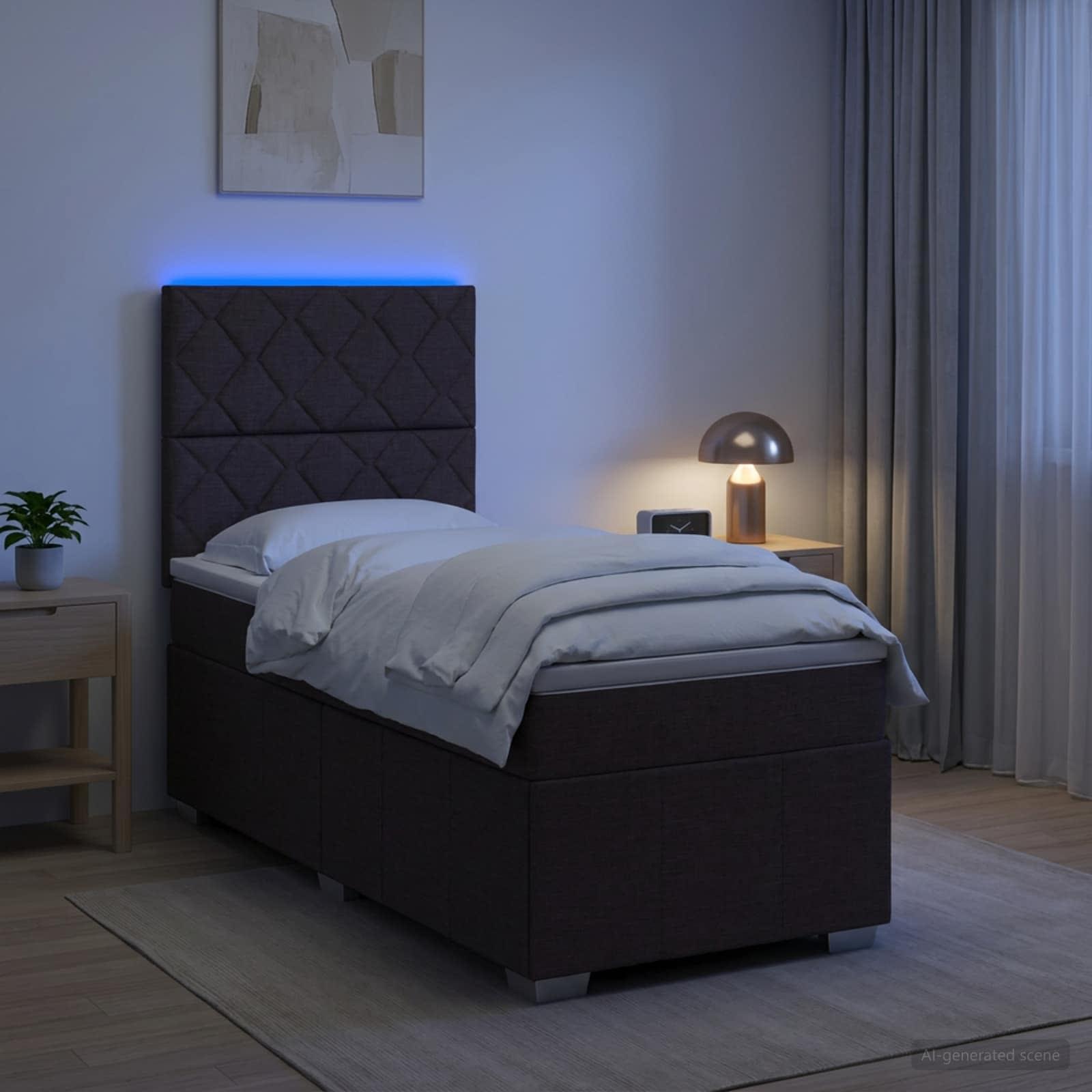LED boksmadrasseng med madras 90 x 200 cm mørk brun stof